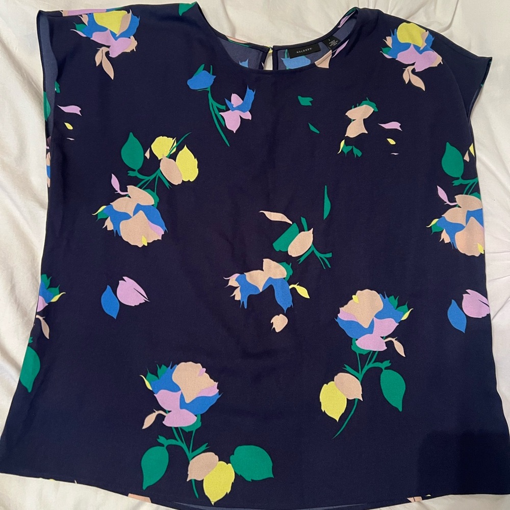 Halogen Navy Flower Womens Blouse Size L